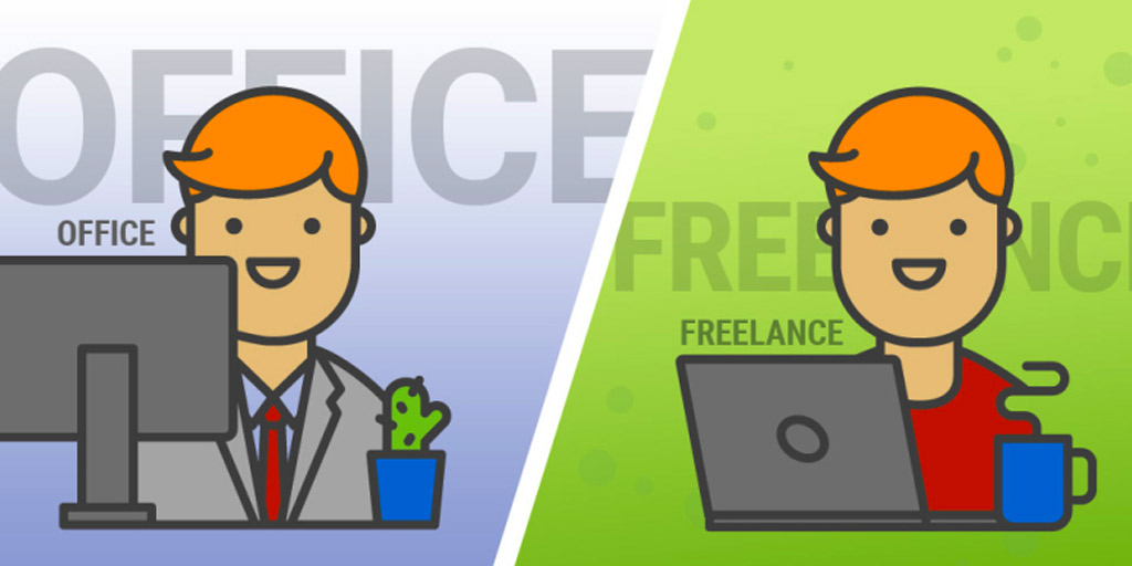 Cartoon person working in office vs. freelancing