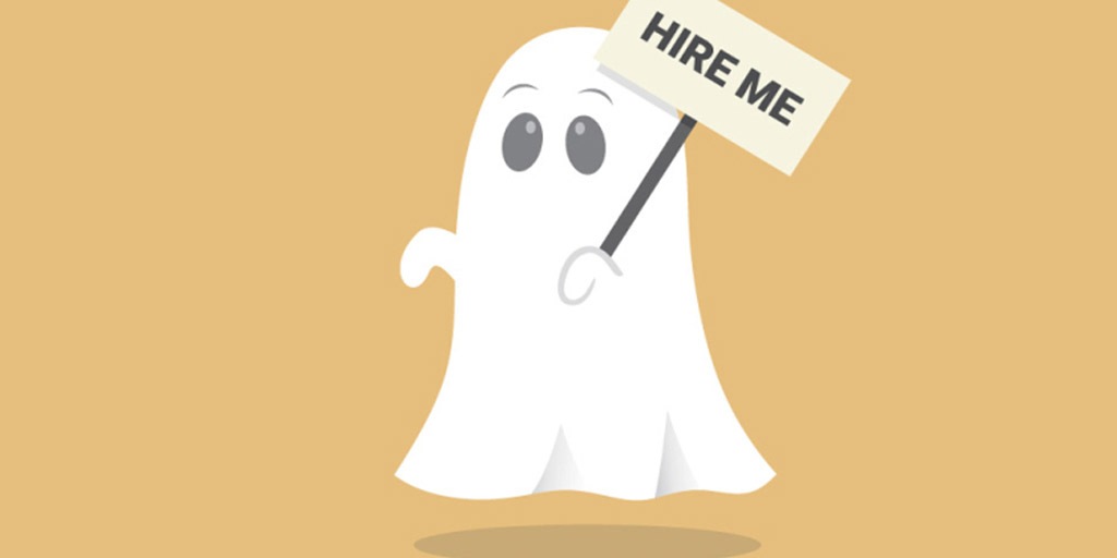 Ghost holding a sign that reads: hire me.