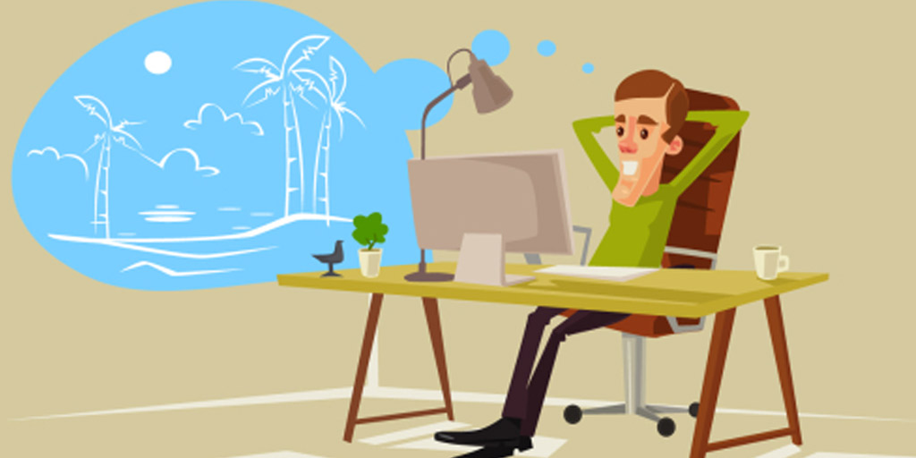 Cartoon man relaxing in office chair, dreaming of vacation