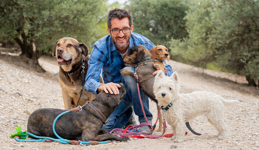 Smiling man on trail, kneeling with several dogs