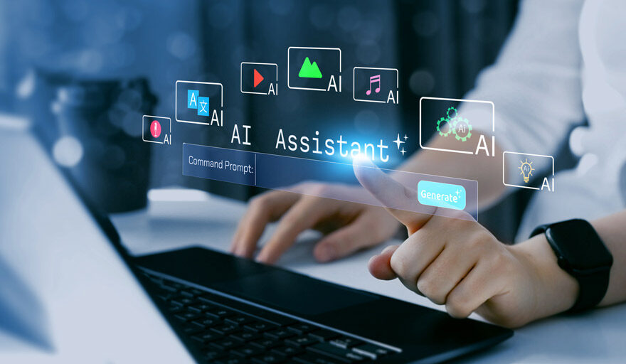 Person's hands on a laptop keyboard, using an AI assistant