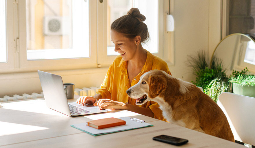 Young woman working from home at a table with a dog sitting next to her.